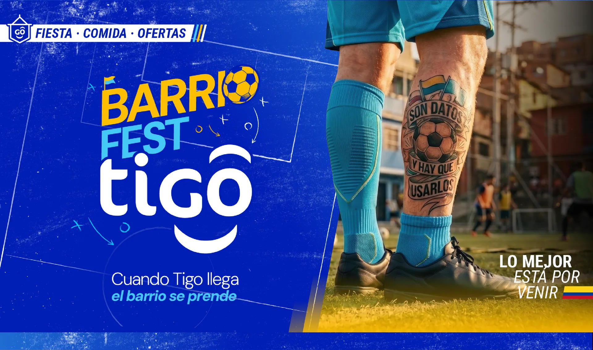 Key visual horizontal de Barrio Fest Tigo: pierna de jugador con el tatuaje «Son datos y hay que usarlos»