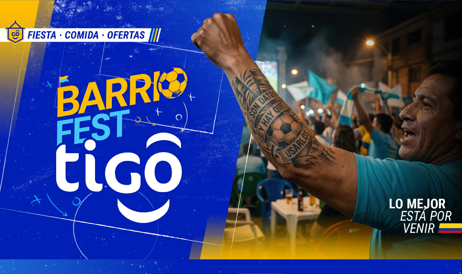 Key visual horizontal de Barrio Fest Tigo: hincha celebrando con el tatuaje «Son datos y hay que usarlos»