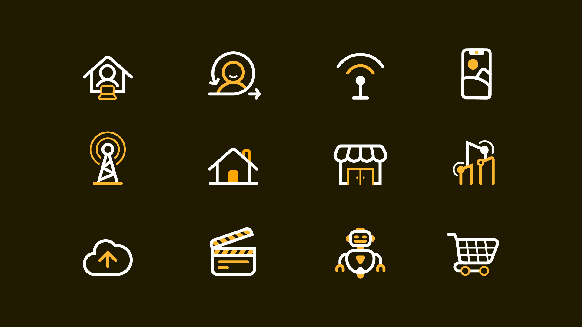 Selección de doce iconos del sistema: hogar, red, dispositivos, comercio, nube y entretenimiento
