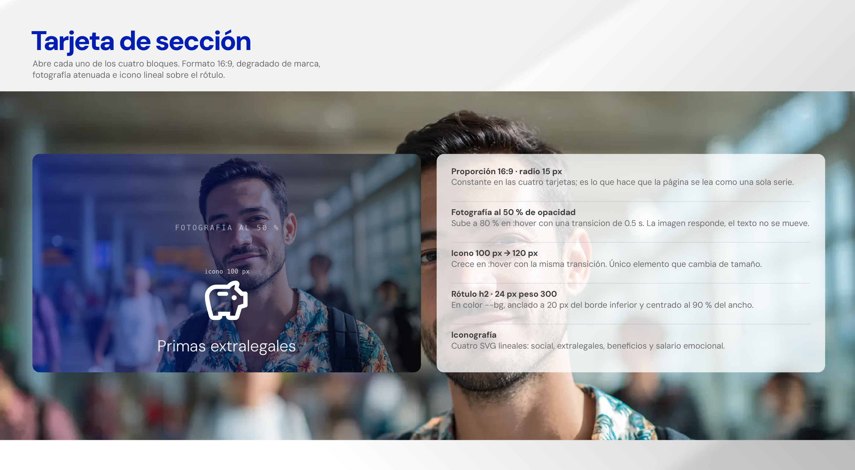 Tarjeta de sección: fotografía atenuada, ícono y rótulo sobre el degradado de marca