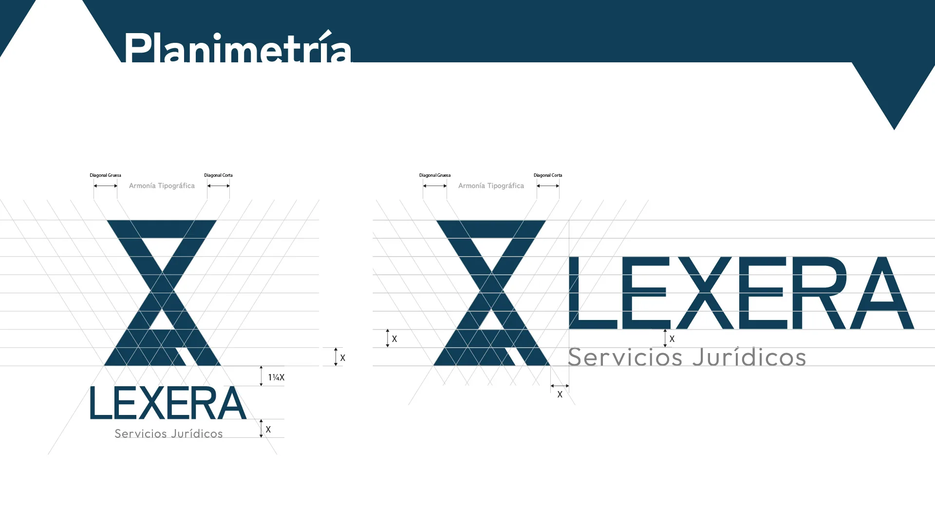 Planimetría del logotipo de Lexera en versión vertical y horizontal