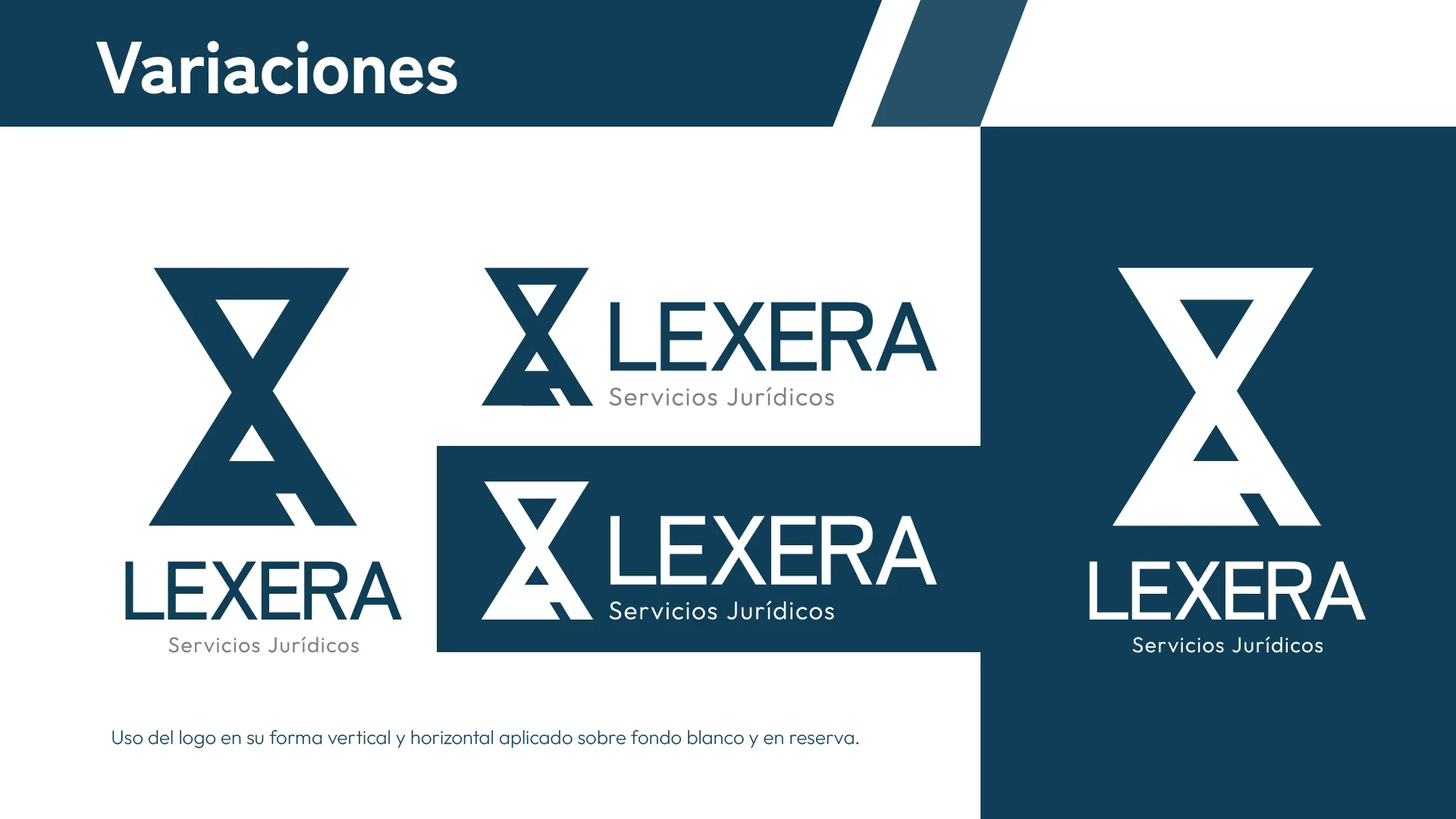 Variaciones del logotipo de Lexera, vertical y horizontal, sobre blanco y en reserva